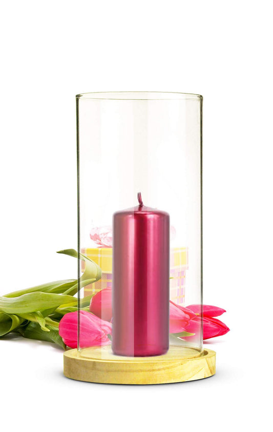 2er Set Windlicht aus Glas mit Holzteller für Stumpenkerzen