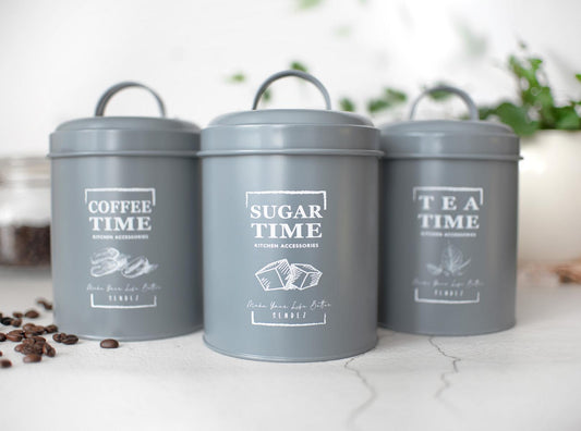 3 Vorratsdosen aus Metall Kaffeedose Teedose Zuckerdose Vorratsgefäß Vorratsbehälter Grau