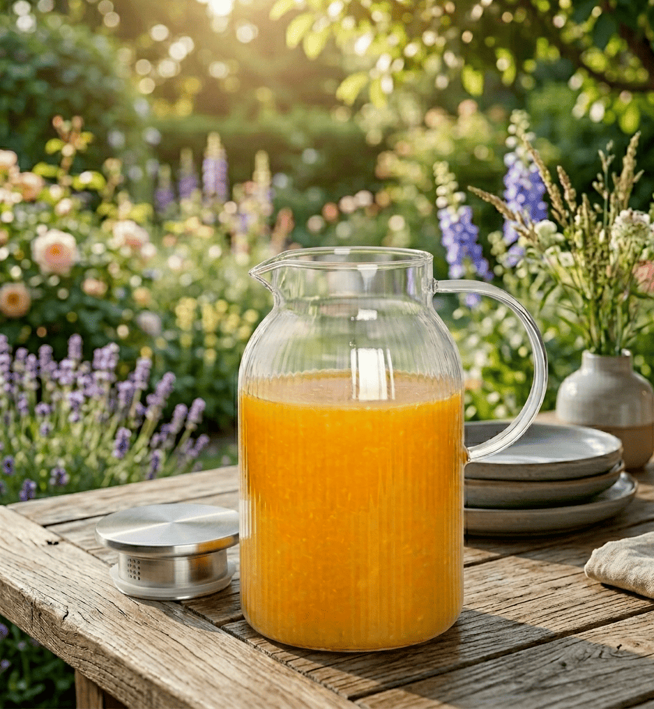 Glaskaraffe 1,1L mit Edelstahldeckel geriffelt | Wasserkrug aus Borosilikatglas mit Rillen & Henkel | Hitzebeständige Wasserkaraffe Glaskrug für Tee, Eistee, Saft, Limonade | Spülmaschinengeeignet