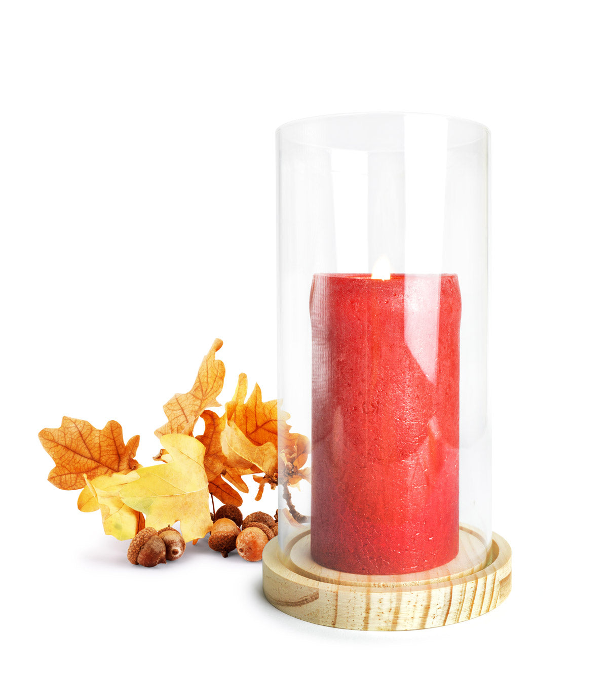 2er Set Windlicht aus Glas mit Holzteller für Stumpenkerzen