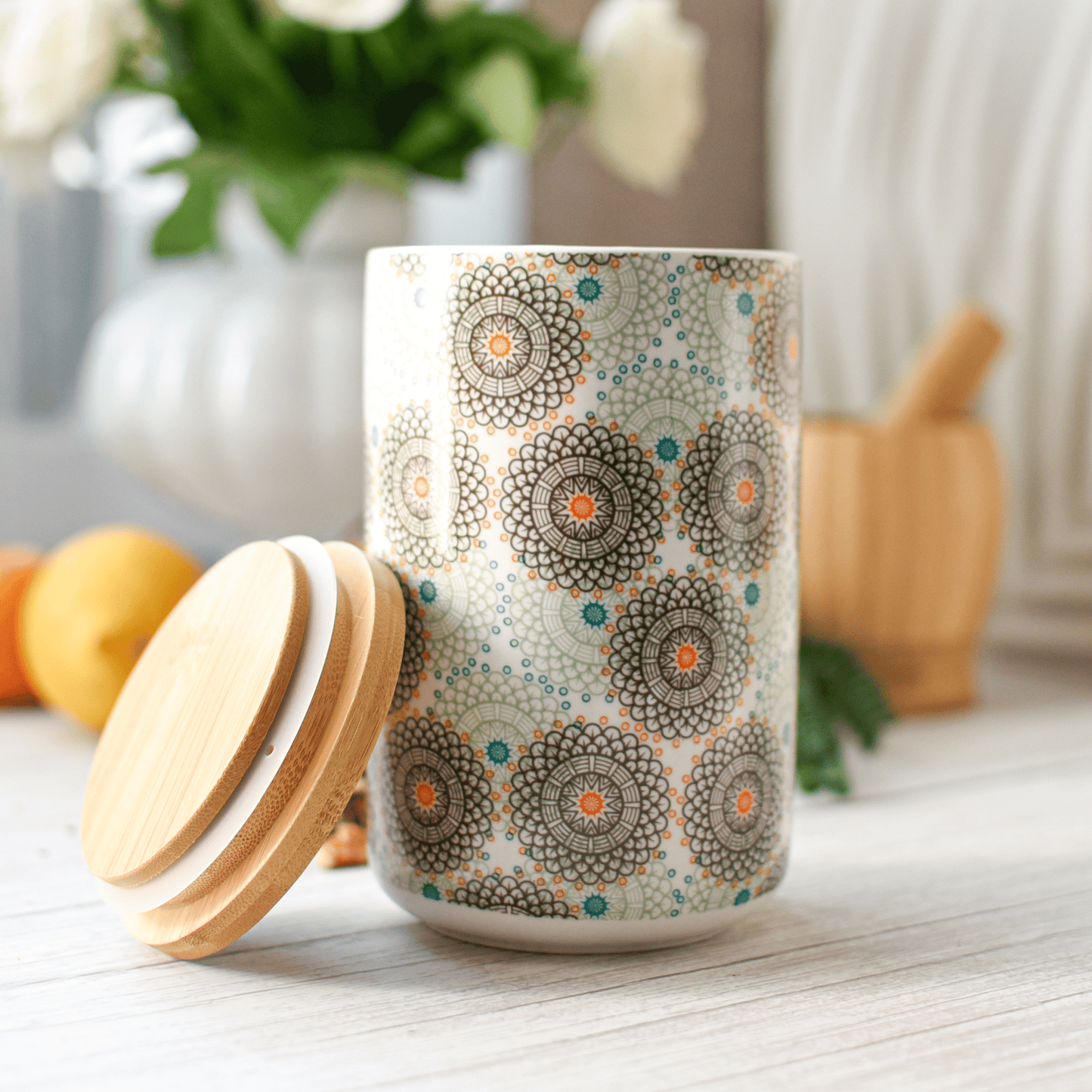 Vorratsdose Porzellan 800 ml mit Bambusdeckel luftdicht – Vorratsglas Vorratsbehälter Aufbewahrungsdose Küche Kaffeedose Teedose Zuckerdose Gewürzdose Boho Mandala Grün Grau Orange