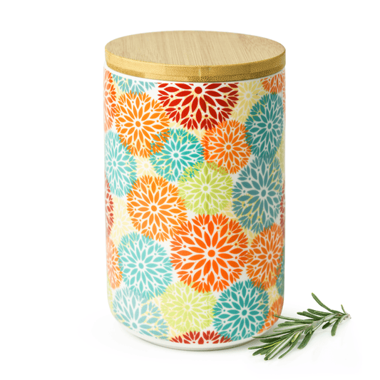 Sendez Vorratsdose Porzellan 800 ml mit Bambusdeckel luftdicht – Vorratsglas Vorratsbehälter Aufbewahrungsdose Kaffeedose Teedose Zuckerdose Gewürzdose Bunt Boho Blumen Design