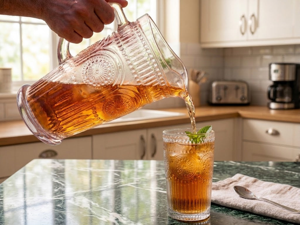 Glaskaraffe 1,2L mit Henkel elegante Wasserkaraffe aus Glas mit Sonnen Relief