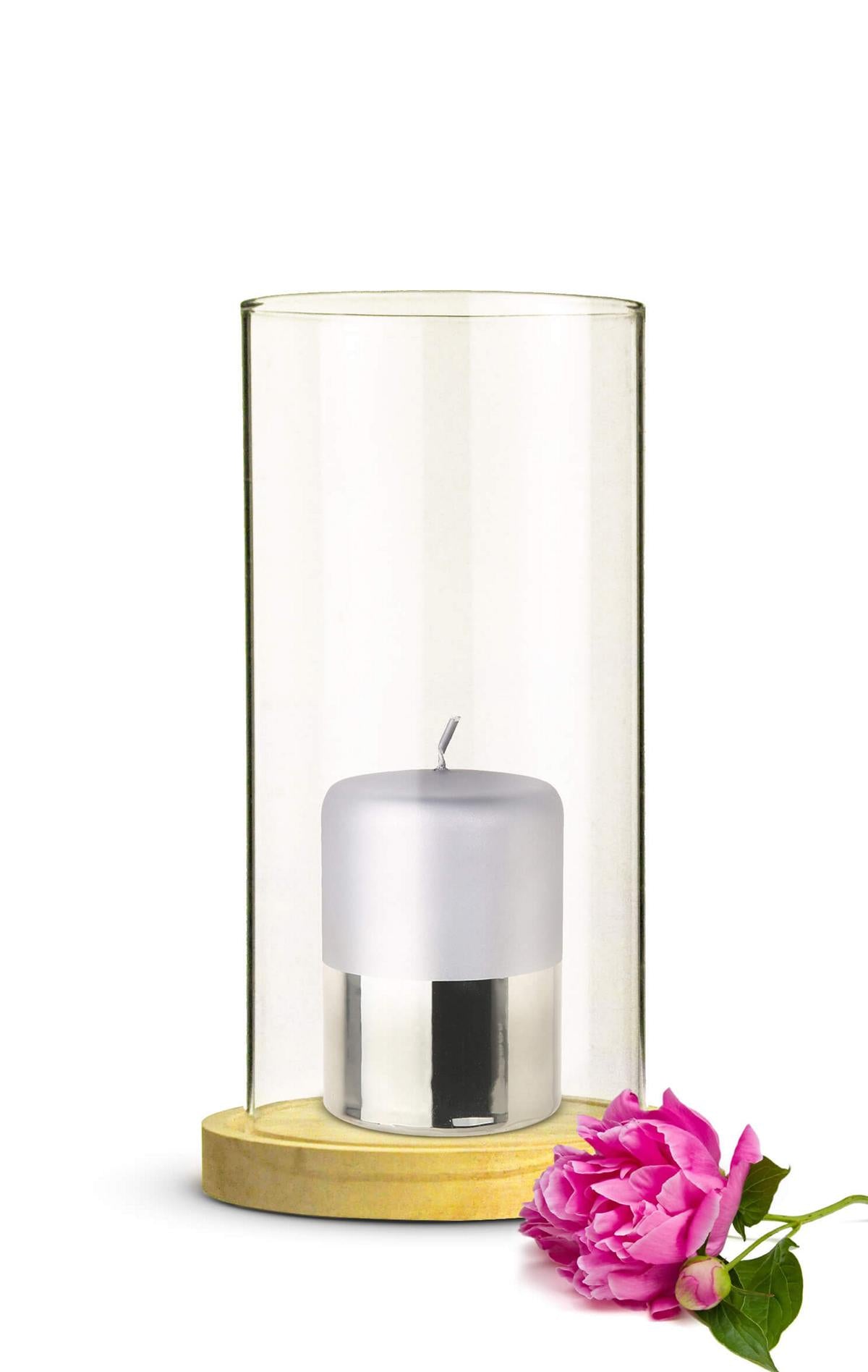 2er Set Windlicht aus Glas mit Holzteller für Stumpenkerzen