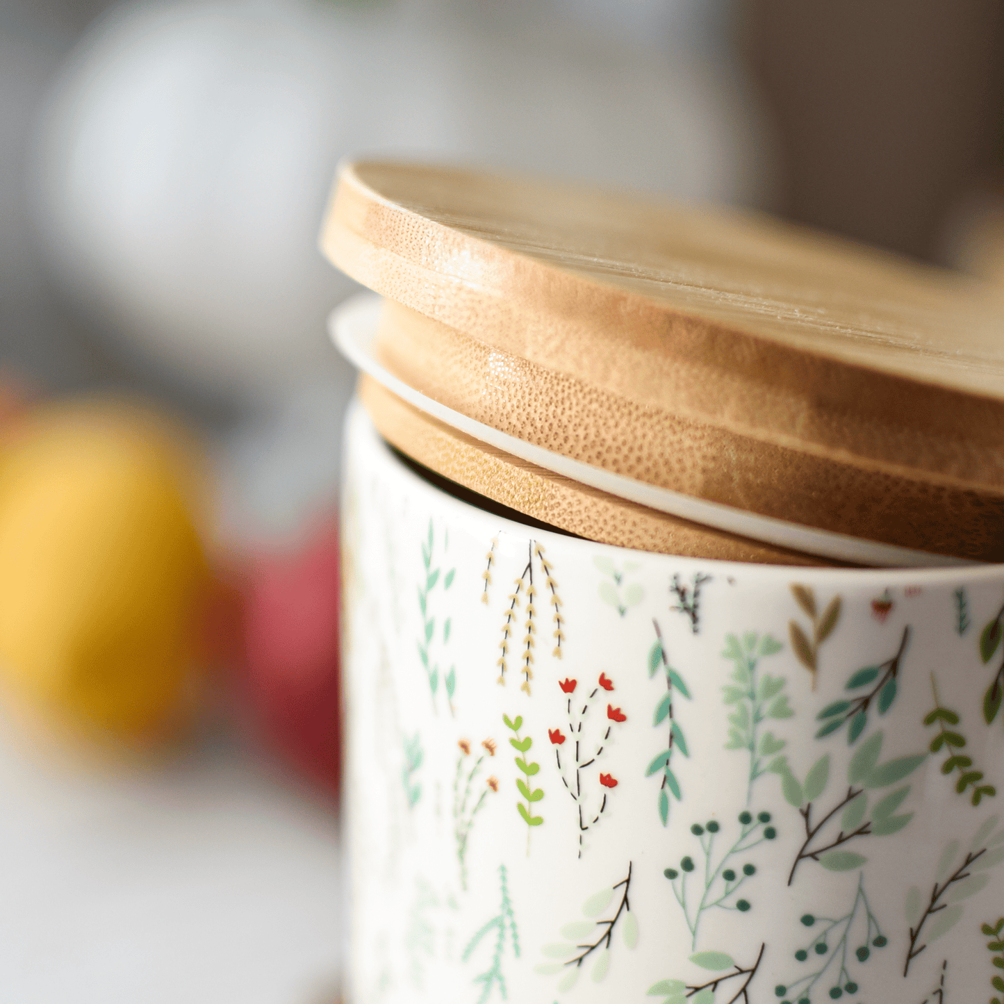 Sendez Vorratsdose Porzellan 800 ml mit Bambusdeckel luftdicht – Kaffeedose, Teedose, Zuckerdose, Vorratsbehälter Küche, Boho Pflanzen Design