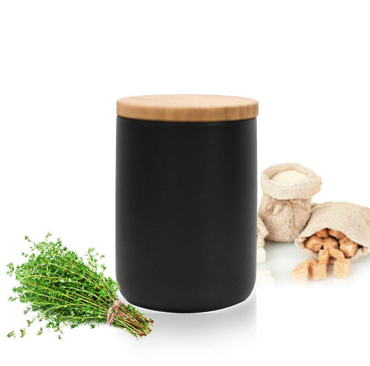 Schwarze Vorratsdose 800ml mit Holzdeckel Porzellan Vorratsbehälter Dose #5