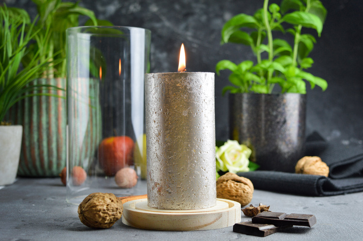 2er Set Windlicht aus Glas mit Holzteller für Stumpenkerzen