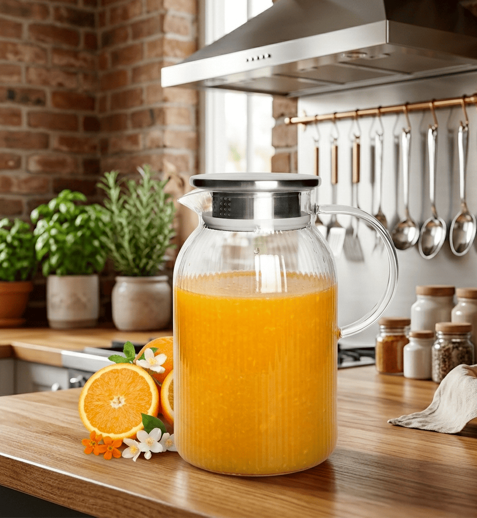 Glaskaraffe 1,1L mit Edelstahldeckel geriffelt | Wasserkrug aus Borosilikatglas mit Rillen & Henkel | Hitzebeständige Wasserkaraffe Glaskrug für Tee, Eistee, Saft, Limonade | Spülmaschinengeeignet