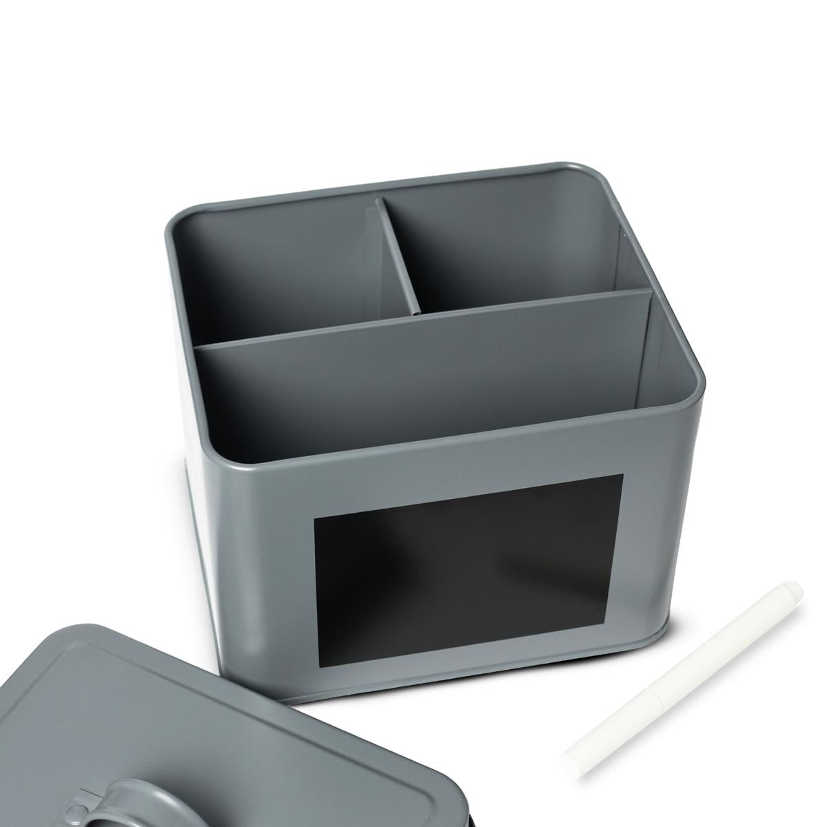 Teedose Metall Aufbewahrungsbox 3 Fächer mit Deckel & Stift Snack Organizer Grau
