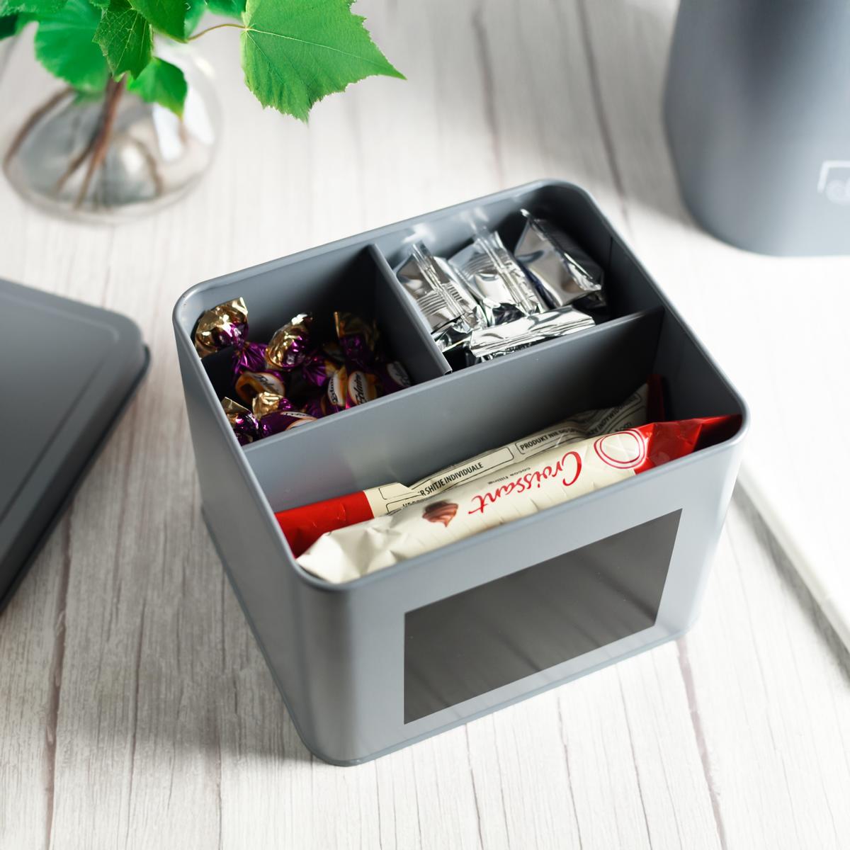 Teedose Metall Aufbewahrungsbox 3 Fächer mit Deckel & Stift Snack Organizer Grau