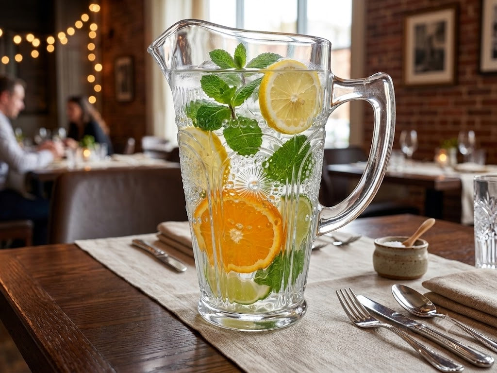 Glaskaraffe 1,2L mit Henkel elegante Wasserkaraffe aus Glas mit Sonnen Relief