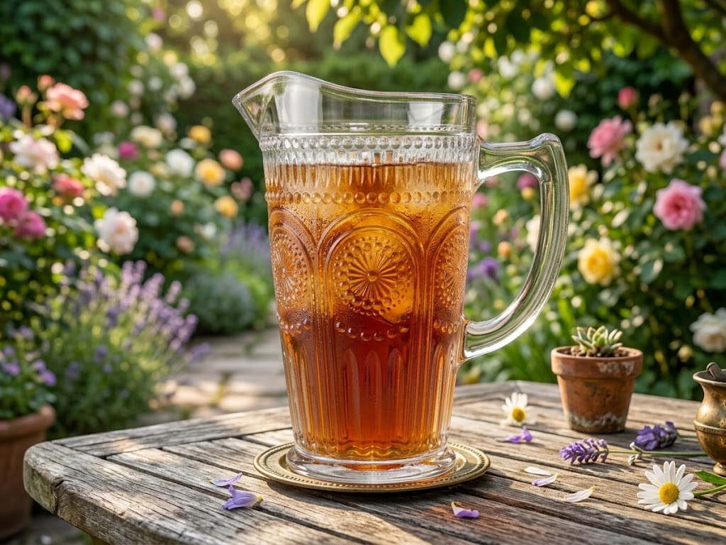 Glaskaraffe 1,2L mit Henkel elegante Wasserkaraffe aus Glas mit Sonnen Relief