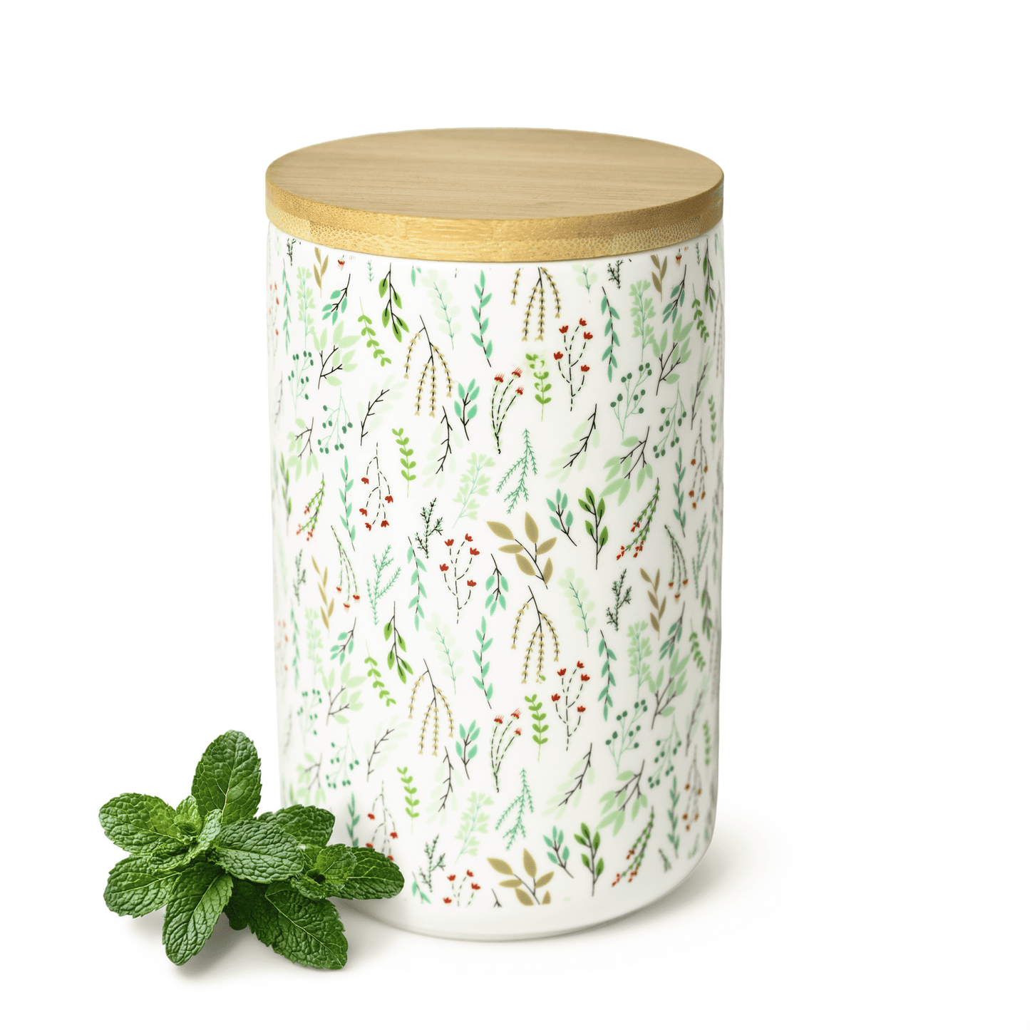 Sendez Vorratsdose Porzellan 800 ml mit Bambusdeckel luftdicht – Kaffeedose, Teedose, Zuckerdose, Vorratsbehälter Küche, Boho Pflanzen Design