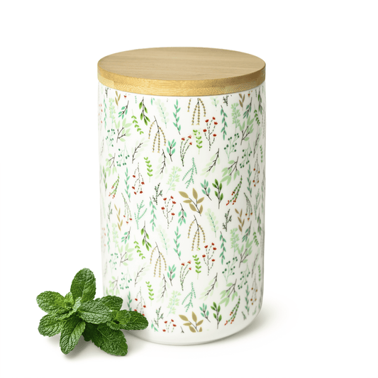 Sendez Vorratsdose Porzellan 800 ml mit Bambusdeckel luftdicht – Kaffeedose, Teedose, Zuckerdose, Vorratsbehälter Küche, Boho Pflanzen Design
