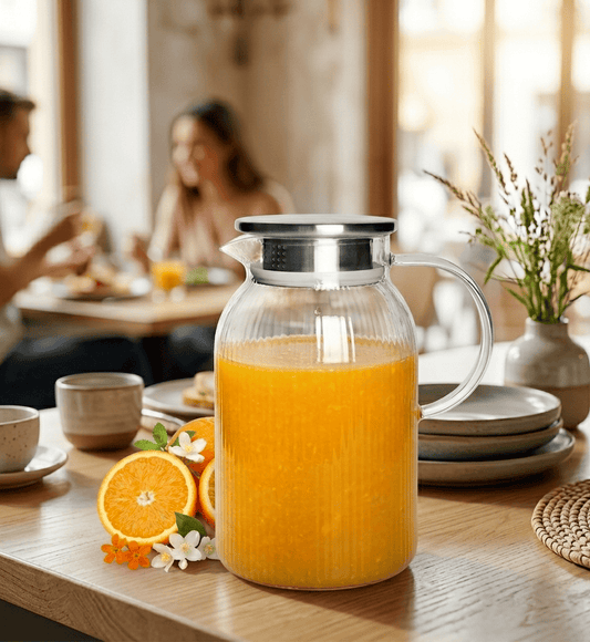 Glaskaraffe 1,1L mit Edelstahldeckel geriffelt | Wasserkrug aus Borosilikatglas mit Rillen & Henkel | Hitzebeständige Wasserkaraffe Glaskrug für Tee, Eistee, Saft, Limonade | Spülmaschinengeeignet