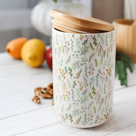Sendez Vorratsdose Porzellan 800 ml mit Bambusdeckel luftdicht – Kaffeedose, Teedose, Zuckerdose, Vorratsbehälter Küche, Boho Pflanzen Design