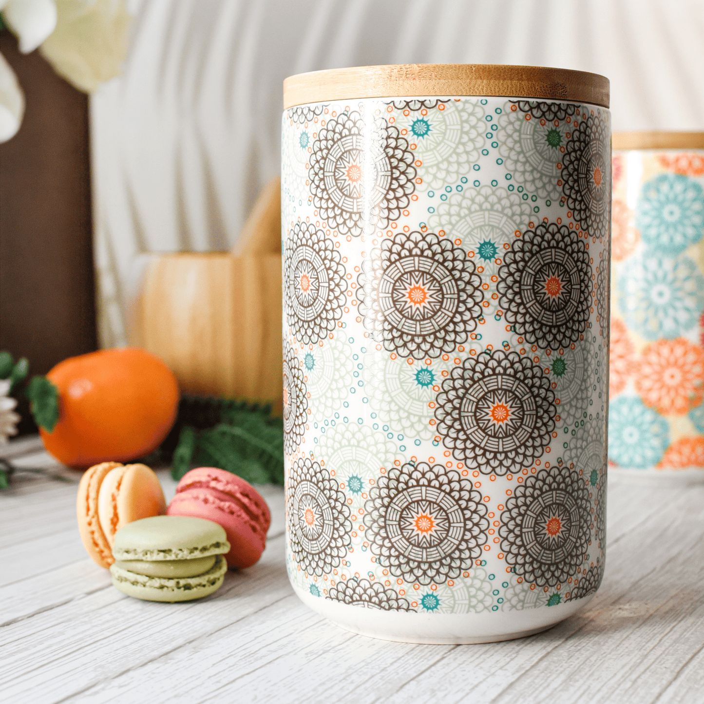 Vorratsdose Porzellan 800 ml mit Bambusdeckel luftdicht – Vorratsglas Vorratsbehälter Aufbewahrungsdose Küche Kaffeedose Teedose Zuckerdose Gewürzdose Boho Mandala Grün Grau Orange