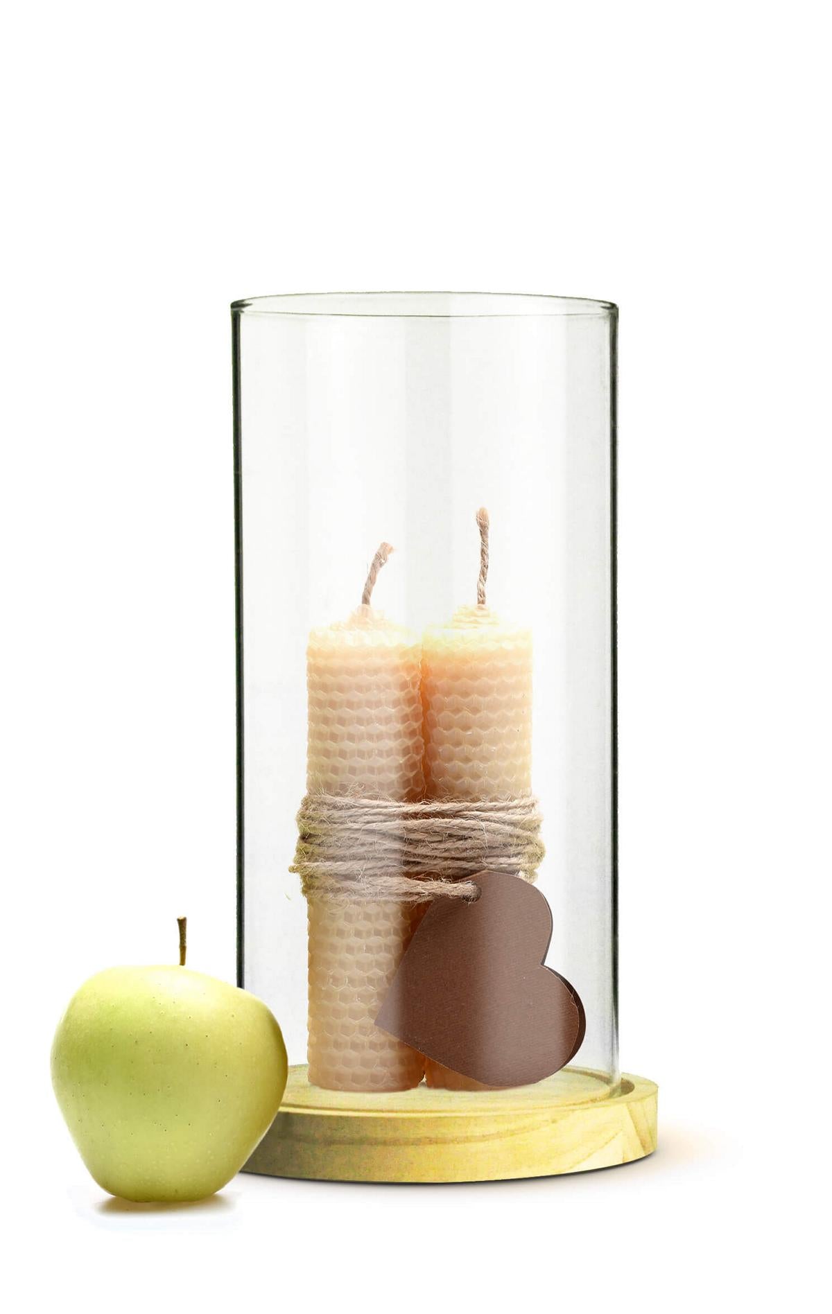 2er Set Windlicht aus Glas mit Holzteller für Stumpenkerzen