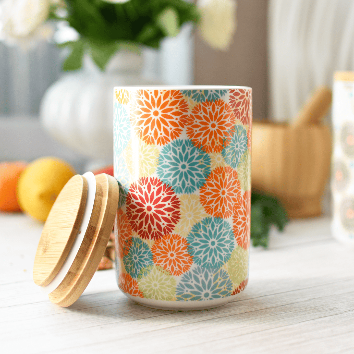 Sendez Vorratsdose Porzellan 800 ml mit Bambusdeckel luftdicht – Vorratsglas Vorratsbehälter Aufbewahrungsdose Kaffeedose Teedose Zuckerdose Gewürzdose Bunt Boho Blumen Design