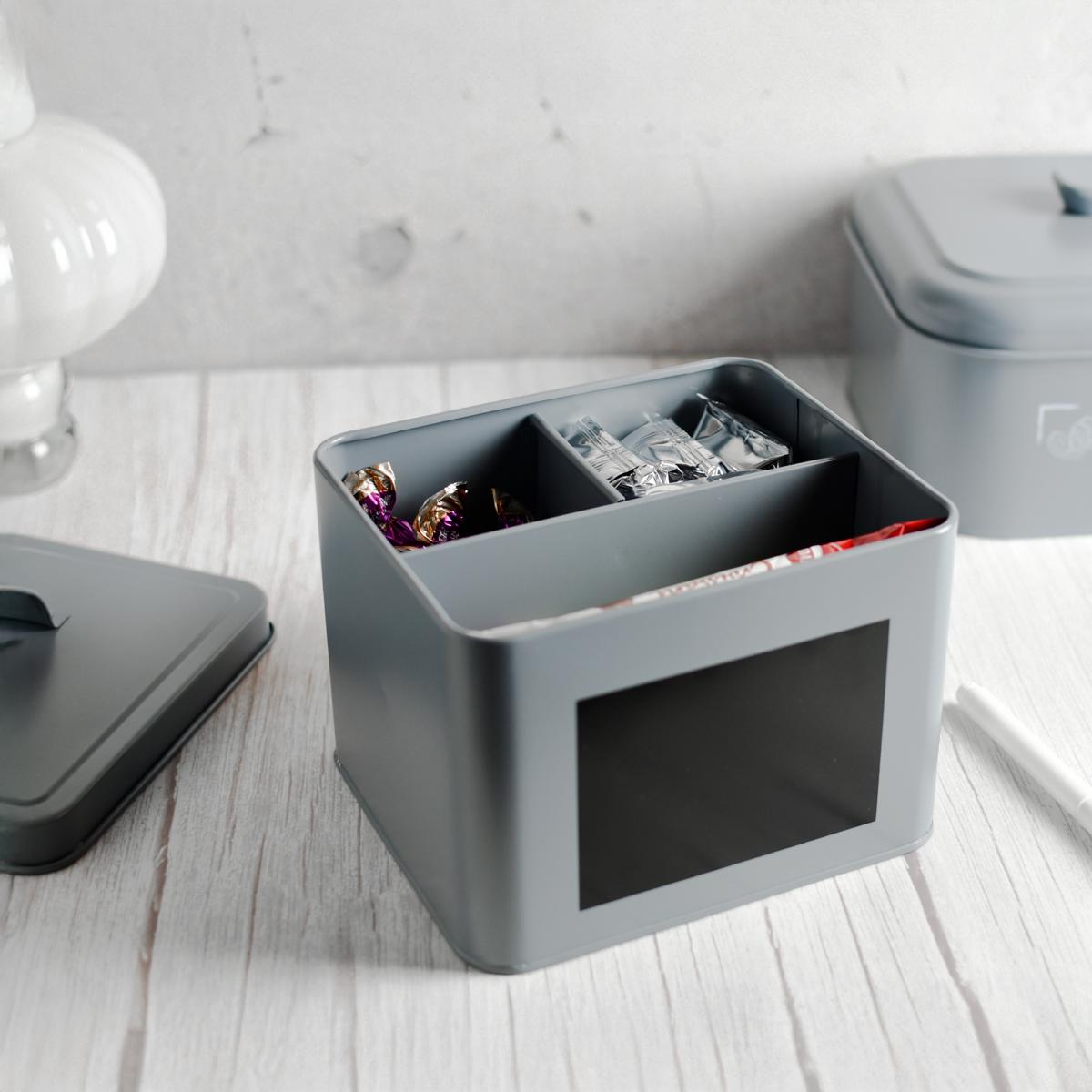 Teedose Metall Aufbewahrungsbox 3 Fächer mit Deckel & Stift Snack Organizer Grau