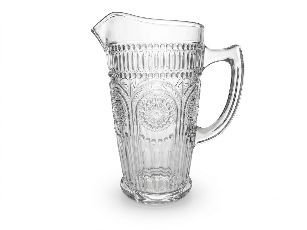 Glaskaraffe 1,2L mit Henkel elegante Wasserkaraffe aus Glas mit Sonnen Relief