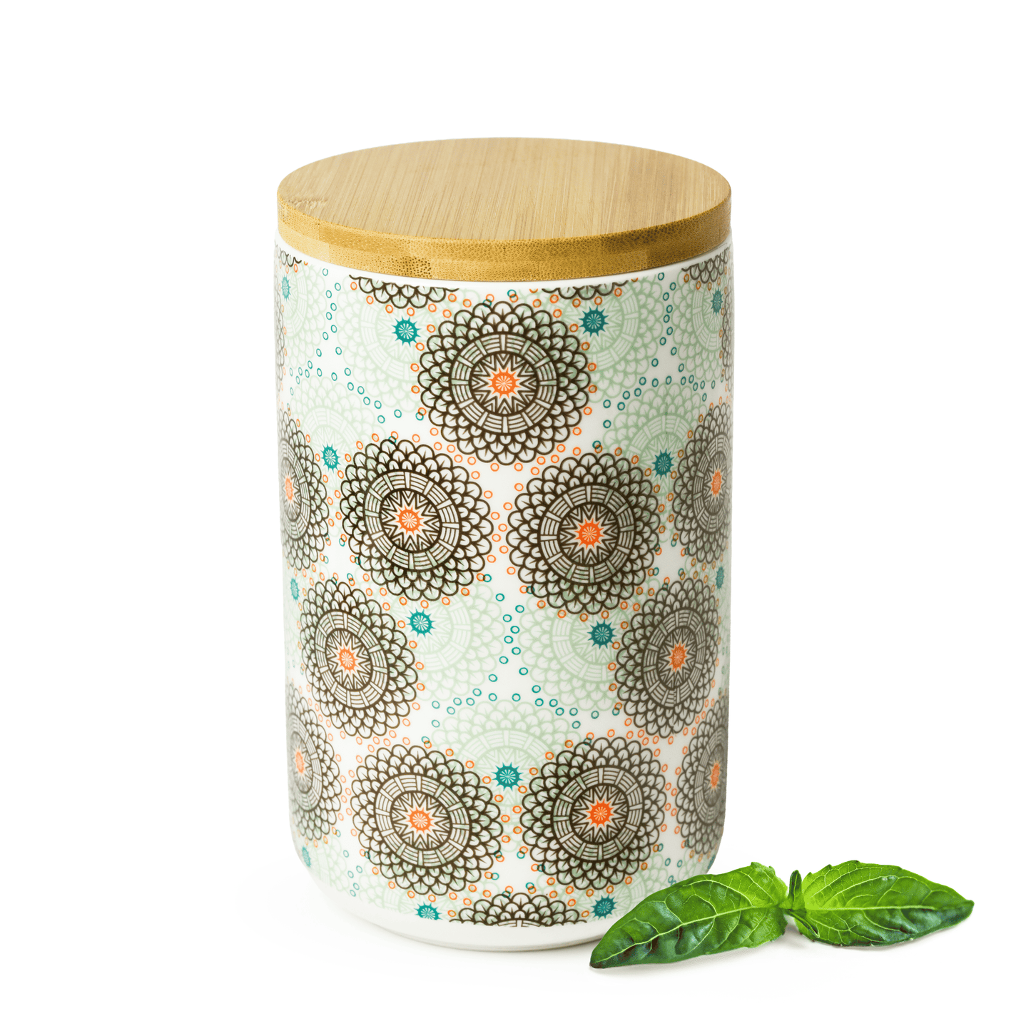 Vorratsdose Porzellan 800 ml mit Bambusdeckel luftdicht – Vorratsglas Vorratsbehälter Aufbewahrungsdose Küche Kaffeedose Teedose Zuckerdose Gewürzdose Boho Mandala Grün Grau Orange