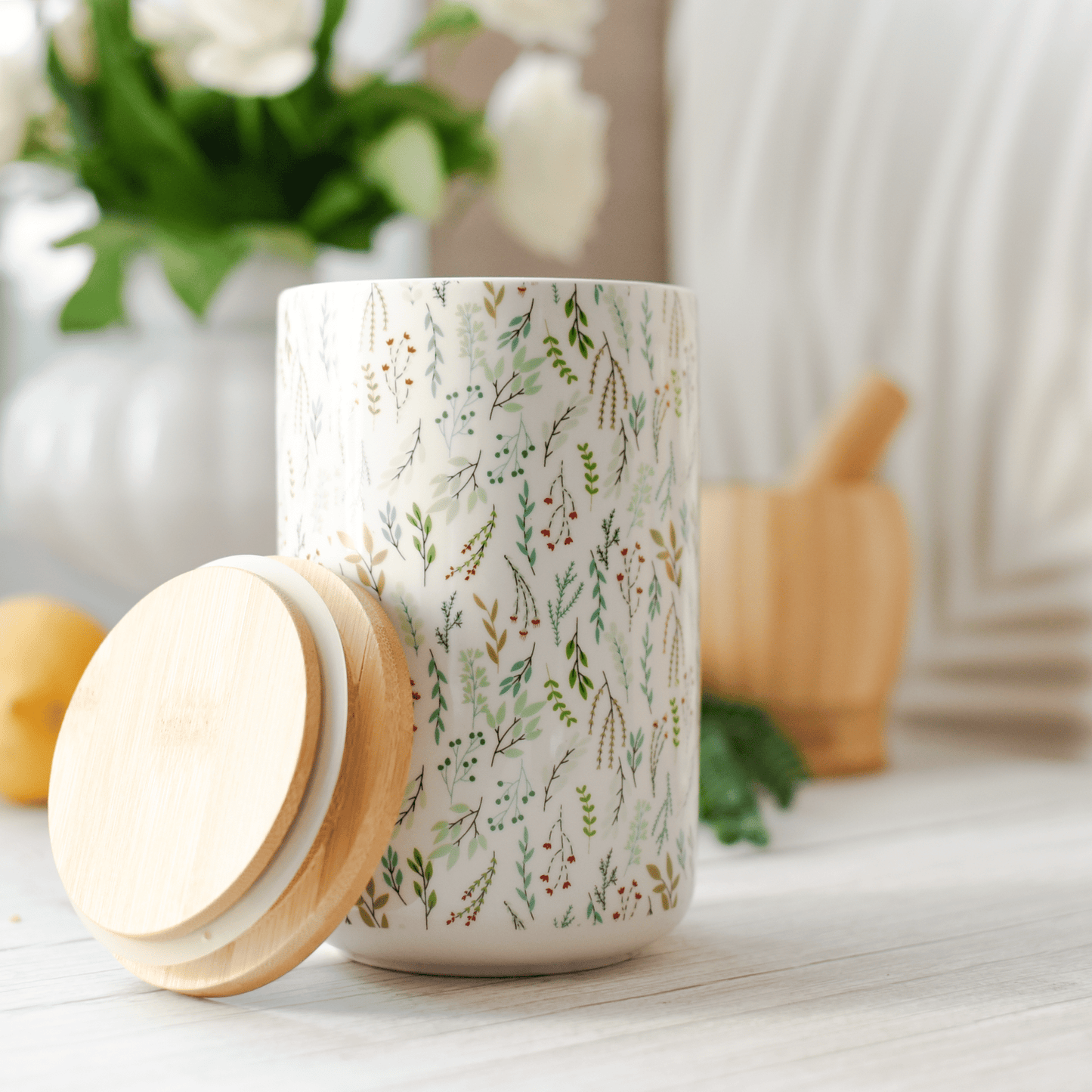 Sendez Vorratsdose Porzellan 800 ml mit Bambusdeckel luftdicht – Kaffeedose, Teedose, Zuckerdose, Vorratsbehälter Küche, Boho Pflanzen Design