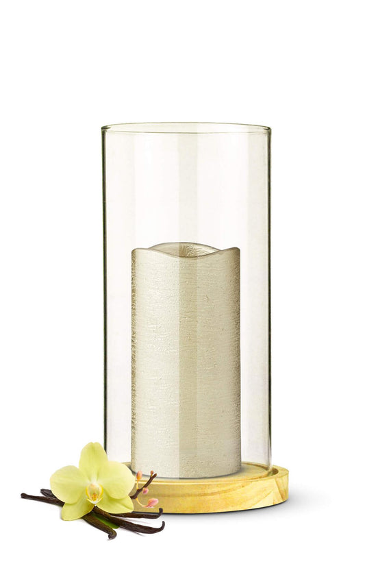 2er Set Windlicht aus Glas mit Holzteller für Stumpenkerzen