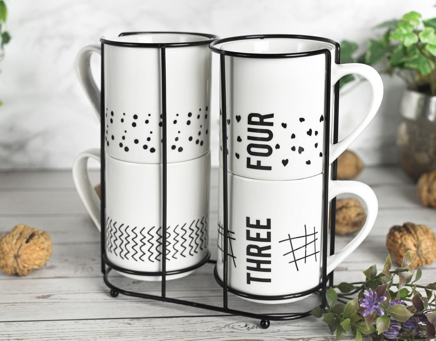 4 Kaffeebecher 300ml aus Porzellan mit Metallständer Kaffeetassen Becher Tasse Mug