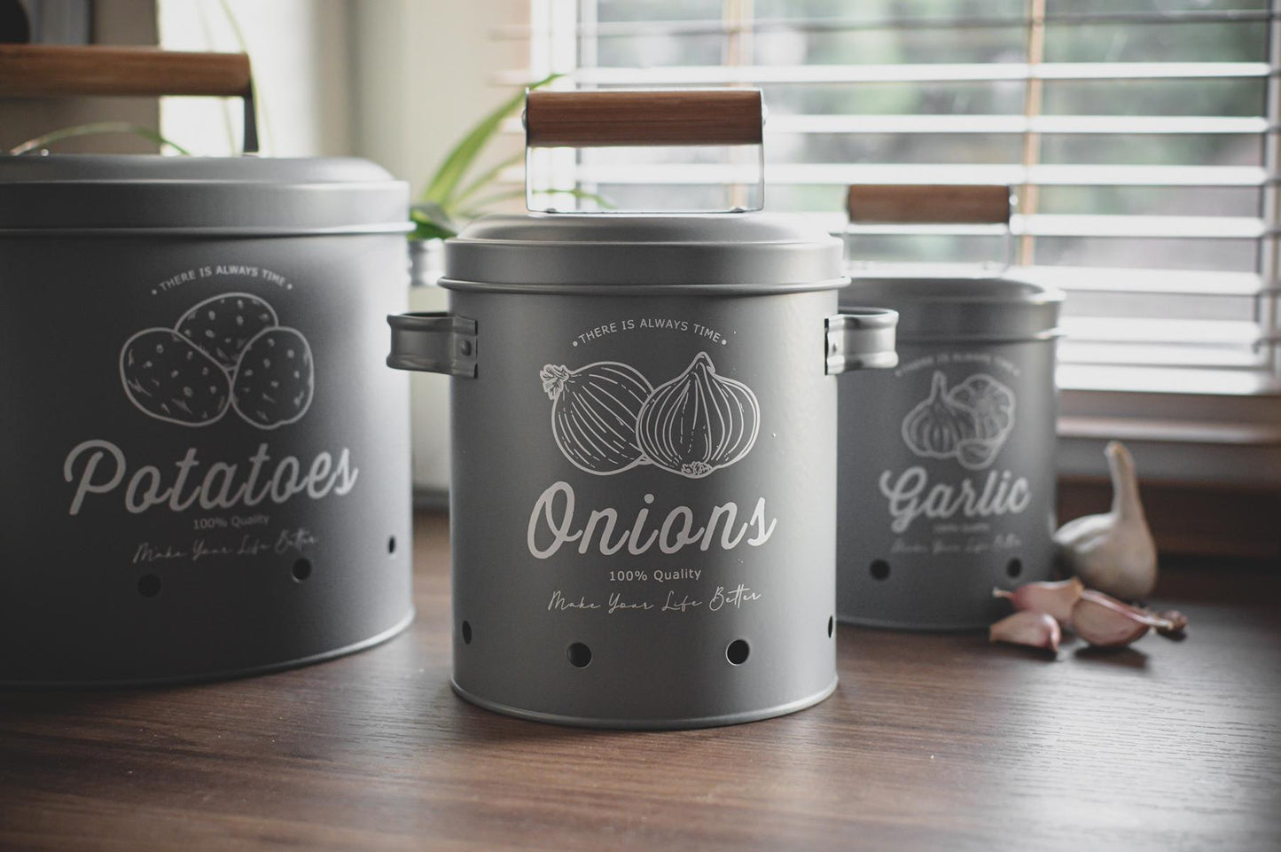 3 storage containers, potato pot, garlic pot, onion pot, storage containers, matt gray