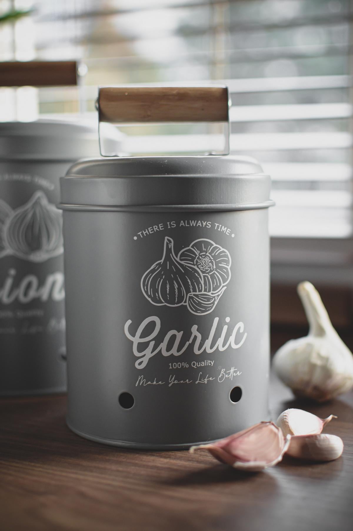 3 storage containers, potato pot, garlic pot, onion pot, storage containers, matt gray