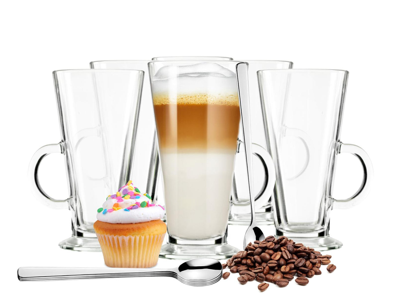 6 Latte Macchiato Gläser 280ml mit Henkel und 6 Löffel, Tee-/ Kaffeegläser