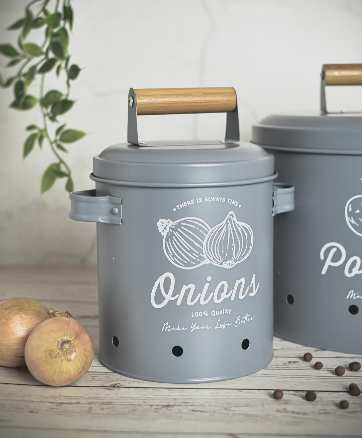 3 storage containers, potato pot, garlic pot, onion pot, storage containers, matt gray