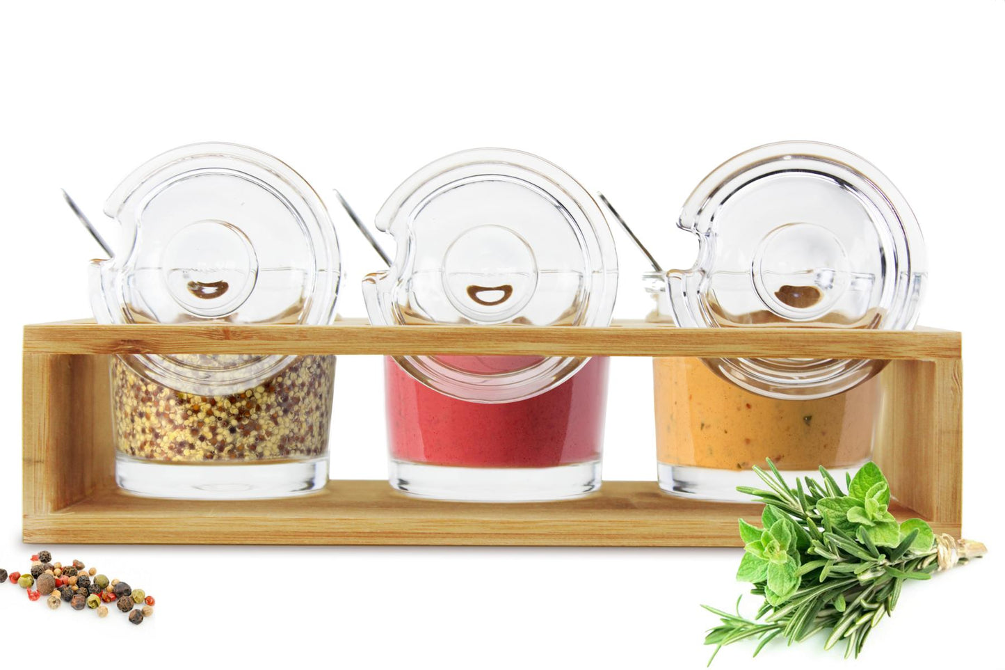 3 Gewürzgläser mit Holzkiste und Löffeln Gewürzdosen Parmesandosen Marmeladendosen Set Honigdose Dose Zuckerdose Salzdose Vorratsdose