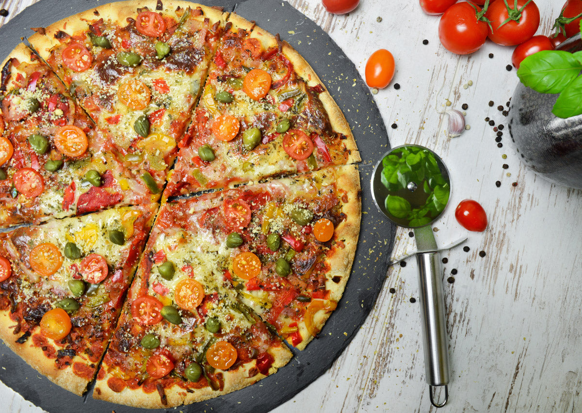 Pizzateller Set ø36cm aus Schiefer mit Pizzaschneider Pizzaschneidebrett Pizzabrett