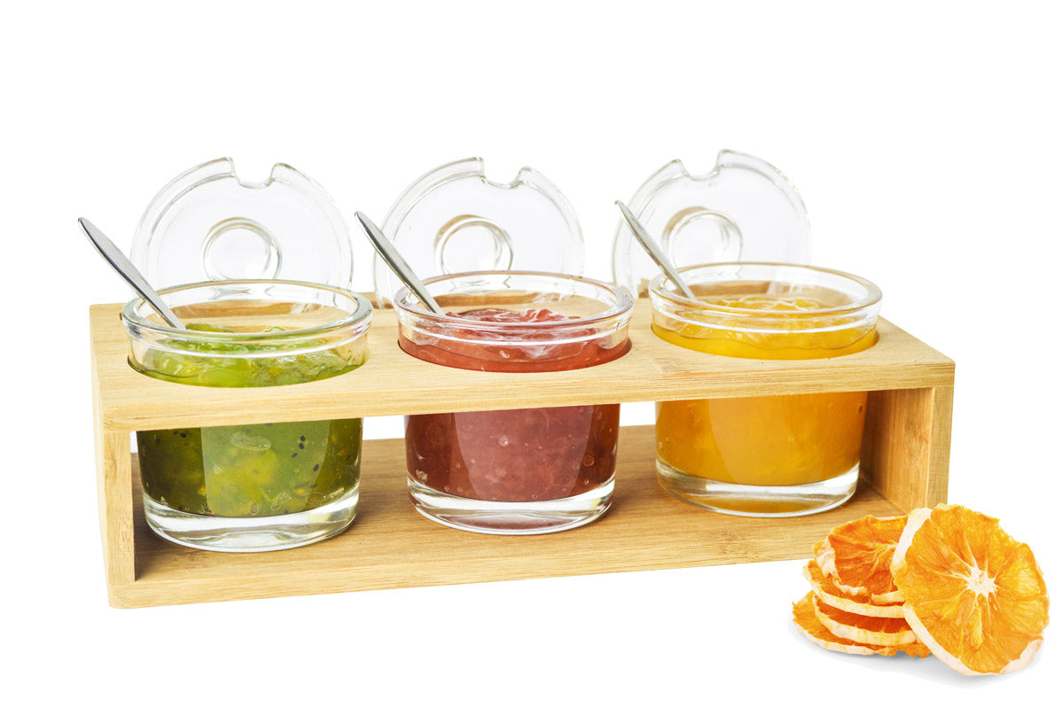 3 Gewürzgläser mit Holzkiste und Löffeln Gewürzdosen Parmesandosen Marmeladendosen Set Honigdose Dose Zuckerdose Salzdose Vorratsdose
